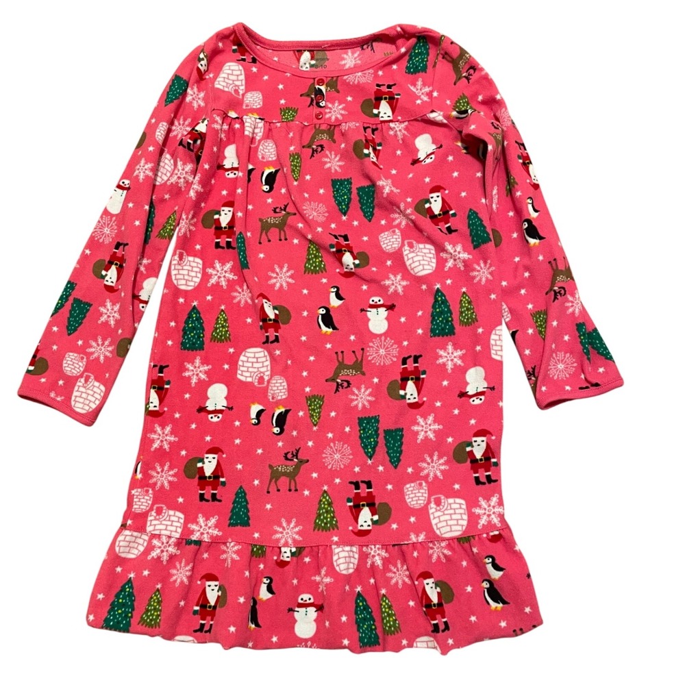 Carters‎ Girls Christmas Santa Penguin Pajama Nightgown Size 8-10 Festive GUC